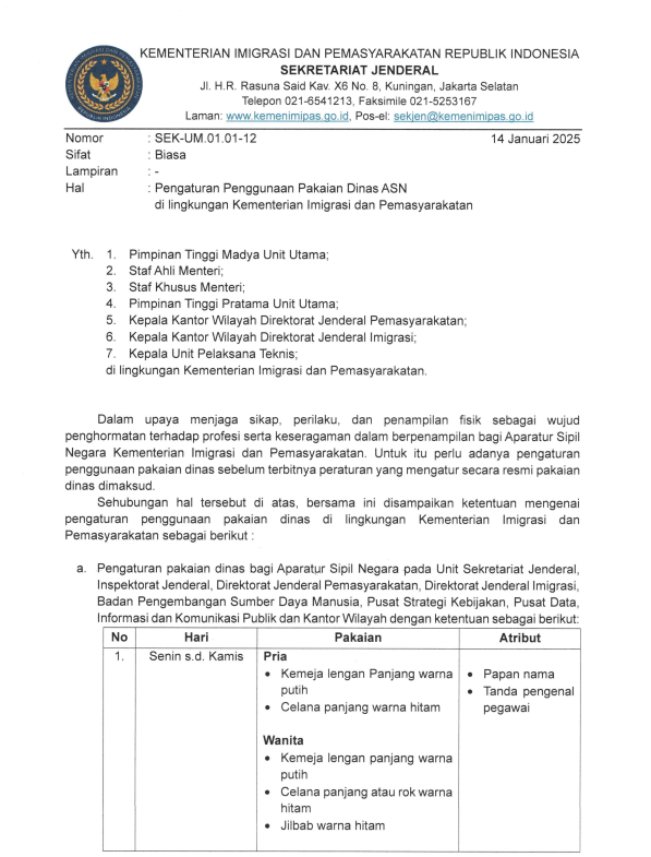 Surat Edaran Sekretariat Jenderal Kementerian Imigrasi dan Pemasyarakatan Nomor SEK-UM.01.01-12 Tahun 2025 tentang Pengaturan Penggunaan Pakaian Dinas ASN di Lingkungan Kementerian Imigrasi dan Pemasyarakatan